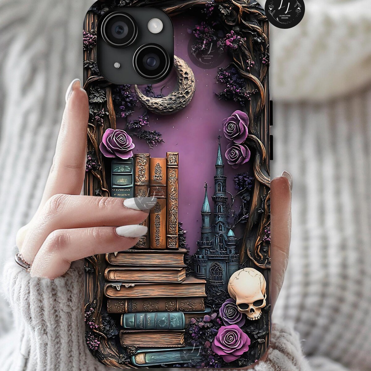 Gothic Bookshelf Witchy Skull Floral Design Case with iPhone 17 to 11 ...