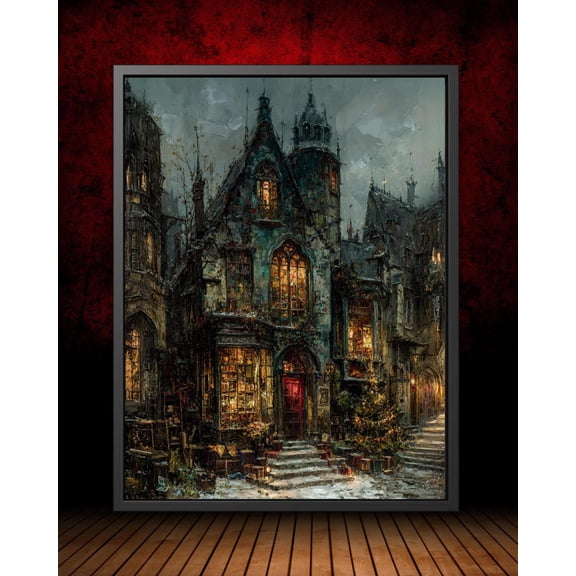 Gothic Bookshop Poster: Moody Victorian Street Scene, Unframed Poster Size 8x12