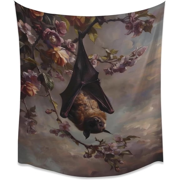 Gothic Botanical Bat Wall Art Tapestry Vintage Fantasy Forest Painting Tapestries Moody Rustic Flower Animal Wall Hanging Decor for Living Room Dorm Gallery white30x40inch