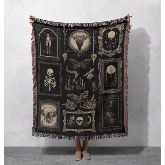 Gothic Botanical Skull Woven Cotton Throw Blanket with Fringe