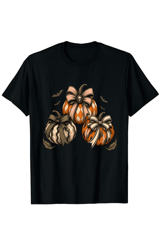Gothic Bow Pumpkin Fall Graphic T-Shirt for Women, Cotton Short Sleeve