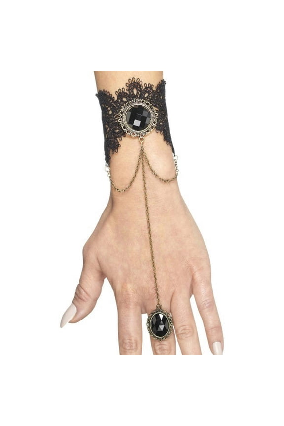 Gothic Bracelet with Attached Ring Black and Gold Costume Jewelry