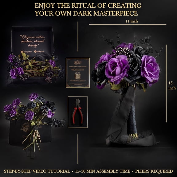 Gothic Bridal Bouquet, 11 Inch –  Black and  Artificial Roses – Goth Victorian Wedding Bouquet for Bride – Dark Flower Arrangement for Home Decor & Gifts