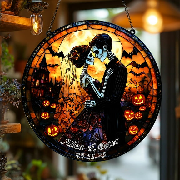 Gothic Bride & Groom Acrylic Suncatcher | Custom Halloween Faux Stained Glass Wedding Date Window Decor