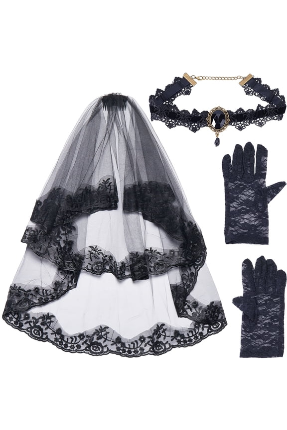 Gothic Bride Veil with Black Lace Glove Choker Necklace Bridal Wedding Garment Accessories 2 Tier Lace Mesh Veil with Comb Headdress DIY