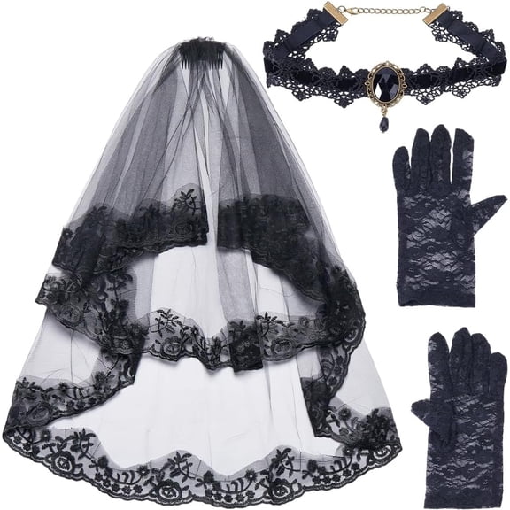 Gothic Bride Veil with Black Lace Glove Choker Necklace Bridal Wedding Garment Accessories 2 Tier Lace Mesh Veil with Comb Headdress