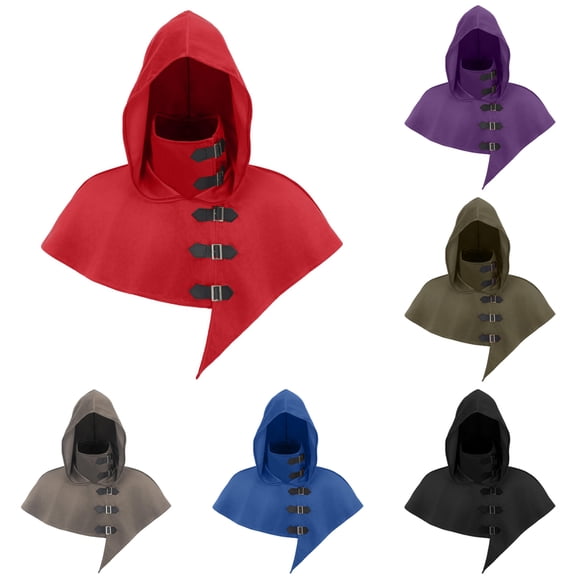 Gothic Buckle Hooded Capelet, Multi Buckle Gothic Hooded Shoulder Capelet, High Neck Pointed Short Cloak for Halloween Assassin Rogue Cosplay,Medieval Fantasy Neck Hood Accessory, Red One Size