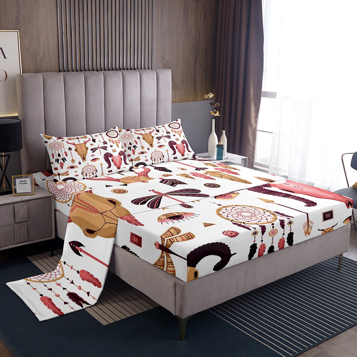 Gothic Bull Skull Sheet Set Exotic Dream Catchers Flat Fitted Sheet