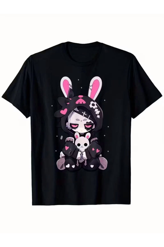Gothic Bunny Anime Girl Grunge Aesthetic Soft Cotton Graphic Unisex T-Shirt, up to size 5XL