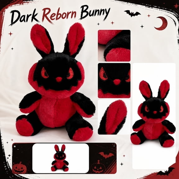Gothic Bunny Plush, Black Red Stuffed Animal, Creepy Cute Rabbit Toy, Soft Halloween Decor Spooky Room Accessory, Unique Gift for Teens Kids Adults Collectors