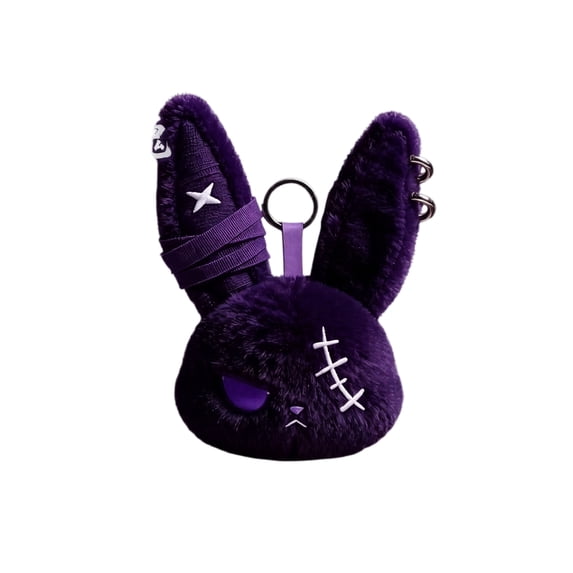 Gothic Bunny Plush Keychain Dark Stitched Punk Style Soft Plushie Doll Backpack Charm Keyring Metal Ring Fashion Accessory Cool Gift 5.5 Inch