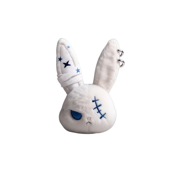 Gothic Bunny Plush Keychain Dark Stitched Punk Style Soft Plushie Doll Backpack Charm Keyring Metal Ring Fashion Accessory Cool Gift 5.5 Inch