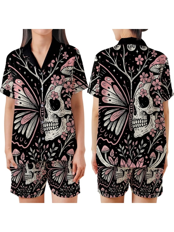 Gothic Butterfly Skull Pajamas Set – Floral Skeleton Nightwear, Satin Button Up Sleepwear, Halloween Christmas Gift for Women