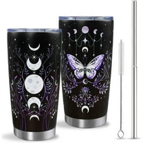 Gothic Butterfly Tumbler 20oz, Stainless Steel Vacuum Insulated Travel Mug with Lid & Straw, Moon Phase Witch Cup for Coffee & Water, Black Purple Goth Halloween Witchy Gifts for Women