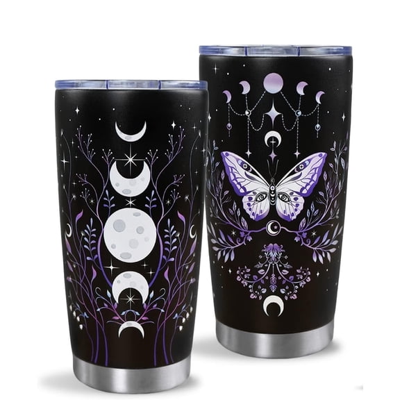 Gothic Butterfly Tumbler with Lid and Straw, Moon Phase Witch Cup Water Bottle Coffee Travel Mug Stainless Steel Vacuum Insulated 20 Oz Tumblers Black Purple, Goth Halloween Witchy Gifts for Women