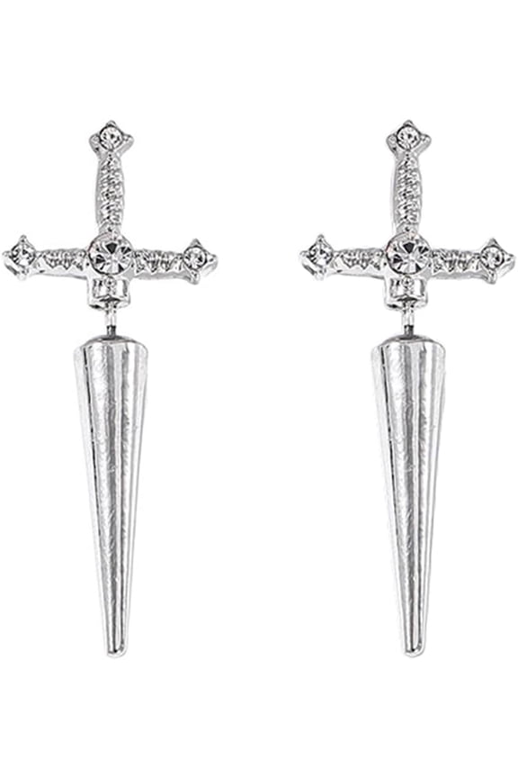 Gothic CZ Cross Sword Stud Earrings for Women Unisex Silver Gold-Toned Fashion Crystal Spike Drop Statement Studs Earring Punk Halloween Christmas Holiday Jewelry for BBF