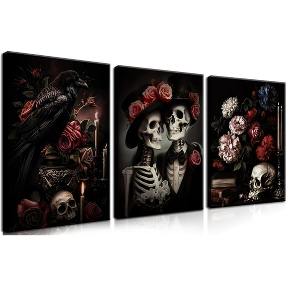 Gothic Canvas Wall Art Set of 3, Red Rose Skull Wall Decor Paintings, Dark Romantic Crow Goth Halloween Aesthetic Posters Prints for Bathroom, Living Room, Gallery, Home Decor 16x24Inch d