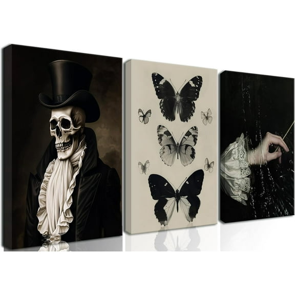 Gothic Canvas Wall Art Set of 3, Red Rose Skull Wall Decor Paintings, Dark Romantic Crow Goth Halloween Aesthetic Posters Prints for Bathroom, Living Room, Gallery, Home Decor 16x24Inch d