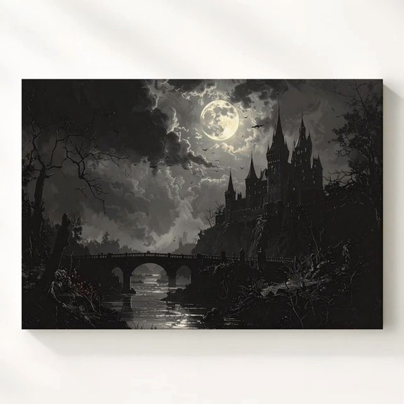Gothic Castle At Night Posterdark Landscape With Full Moon And Misty Bridge Art
