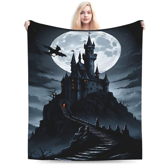 Gothic Castle Blanket - Ultra-Soft Flannel Throw with Dark Gothic Castle, Witch's Flight, Full Moon - Lightweight All-Season Bedspread for Home, Camping, Travel - Perfect Halloween, Birthday, Christm