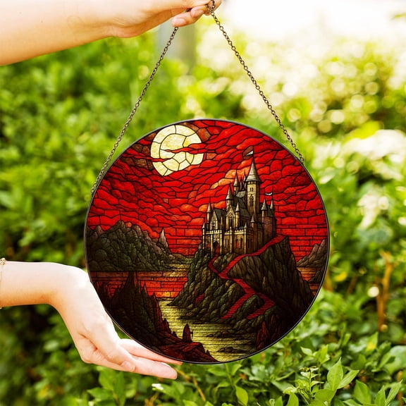 Gothic Castle Glass Suncatcher, Fantasy Window Decor, Spooky Red Moon Art, 6.3 in