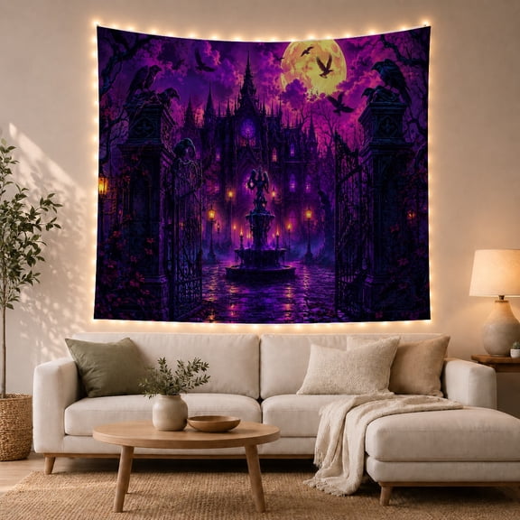 Gothic Castle with Glowing Windows on a Wet Stone Path, Mysterious Fantasy for Dark Decor Enthusiasts, Eerie Night Scene Artwork, Halloween Gift, Tapestry Wall Hanging for Bedroom and Dorm