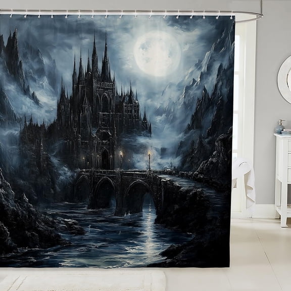 Gothic Castle Kids Shower Curtains,Western Holiday Happy Halloween Vintage Bathroom Curtain for Girls Boys,Mountain Nature Trippy Black Retro Waterproof Curtains,12 Hooks Suits,72" W x 72" L