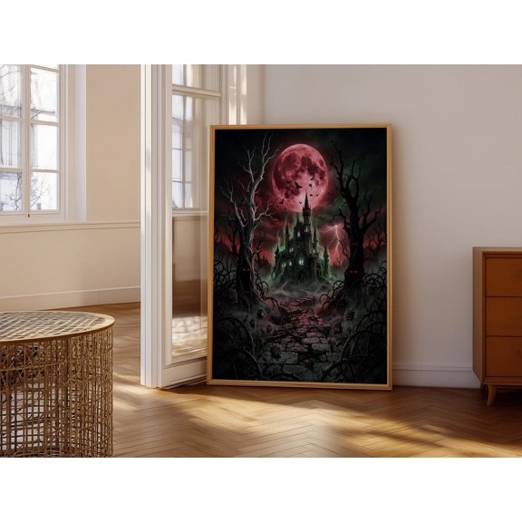 Gothic Castle Poster Crimson Moon Thorn Forest Lightning Bats Black Roses