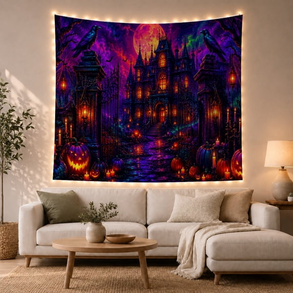 Gothic Castle with Ravens and Glowing Pumpkins Against a Pink Moon Spooky Gothic for Halloween Enthusiasts Haunted House Wall Art Halloween Gift Tapestry Wall Hanging for Bedroom and Living Room