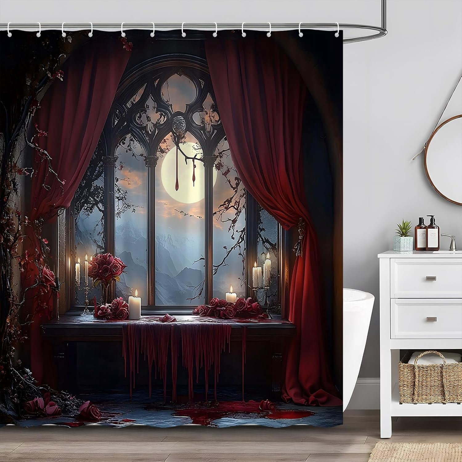 Gothic Castle Shower Curtain Full Moon Night Vintage Medieval Enchanted Castles Witchcraft Red Rose Rustic Spooky Landscape Fabric Bathroom Decor Set with 12 Hooks