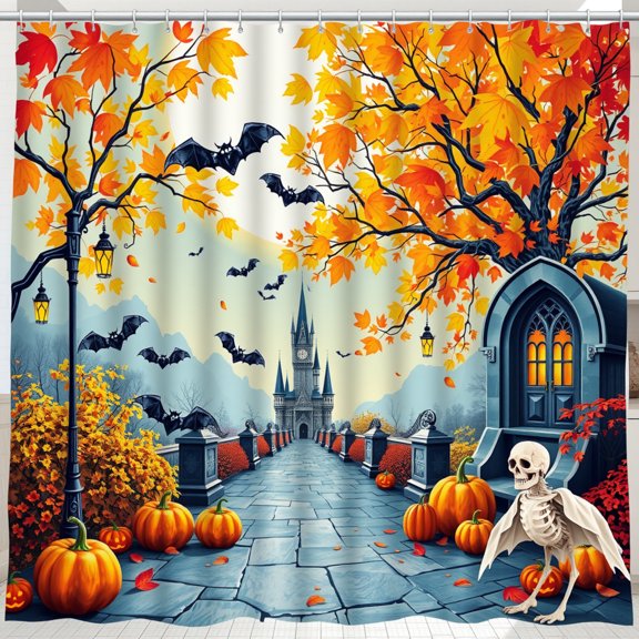 Gothic Castle Shower Curtain - Spooky Autumn Scene with Bats & Pumpkins