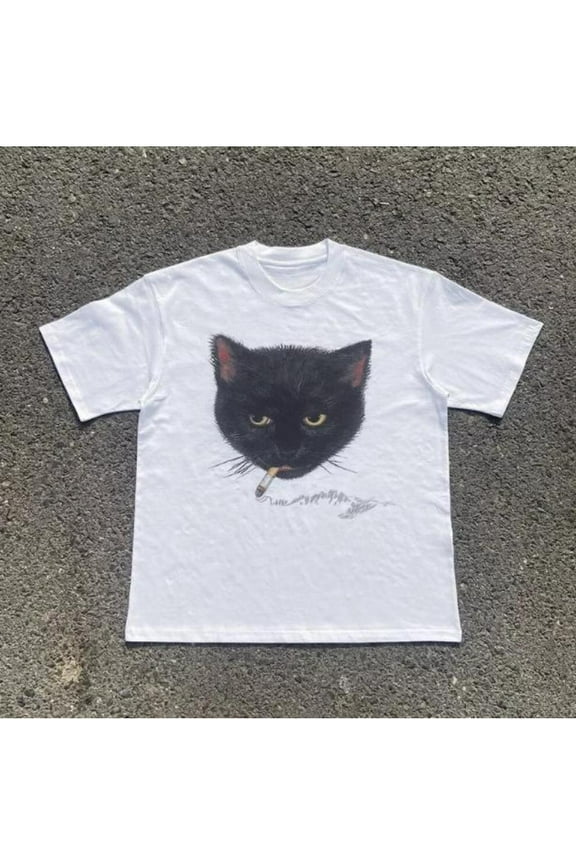 Y2k Smocking Cat T-Shirt, Unisex Vintage Graphic Tees Gothic Grunge Y2k Emo Scene Amity Affliction Style Clothes Men Women Streetwear