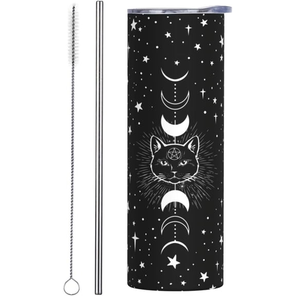Gothic Cat Pattern Tumbler With Lid And Straw - Gifts For Women Men Moon Star 20 Oz Stainless Steel Cup Hippie Insulated Travel Coffee Mug Home Office