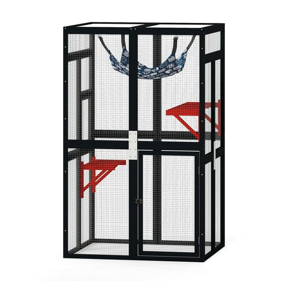 Gothic for Cat Shelter, Wooden Cat Enclosure, Kitten Cage Condo, Cat Catio Outdoor with Sunshine Board, Off-Ground Door, Jumping Platforms, Cat Cage, Black and Red