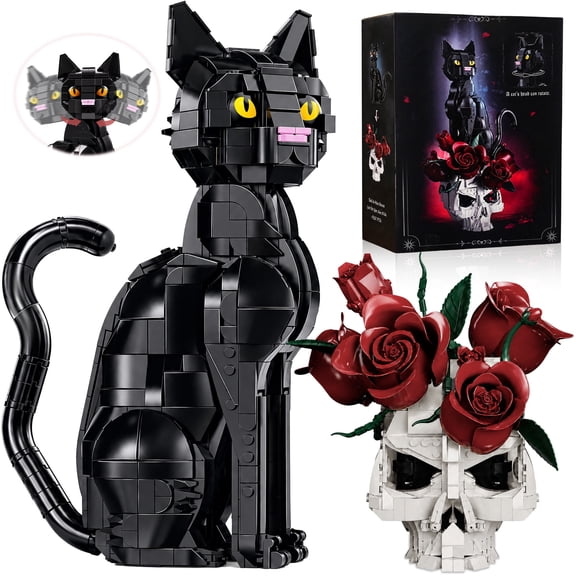 Gothic Cat & Skull Building Set, Dark Aesthetic Black Cat and Rose Display Model, Gothic Art Home Decor, Decorative Building Kit, Halloween Display Piece, 1542 PCS