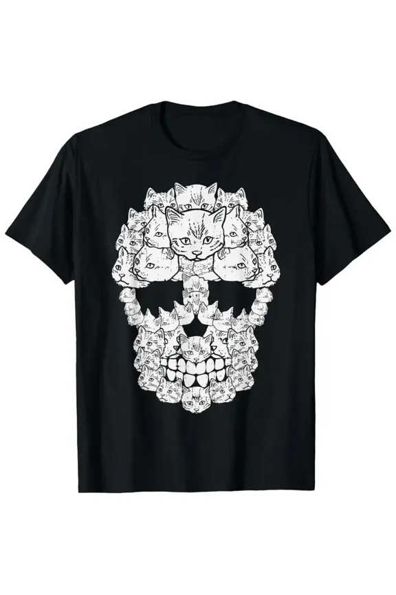 Gothic Cat Skull T-Shirt - Black Short Sleeve Cotton Tee with Feline Bone Print, Comfort Fit Casual & Gym Wear for Cat Lovers, Machine Washable, Multiple Sizes Available