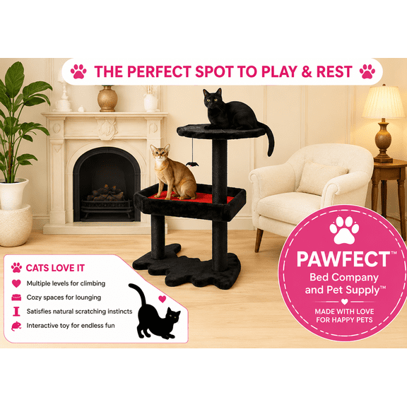 Gothic Cat Tower for Indoor Cats with Coffin Bed, Scching Posts, Bat Shaped Treads and Spider Web Platform for Halloween, Black