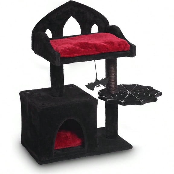 Gothic Cat Tree - 28in Black Cat Condo with Regal Throne Bed Spooky Hanging Bat and Durable Sisal Scratching Post - Goth Cat Tree for Majestic Rest