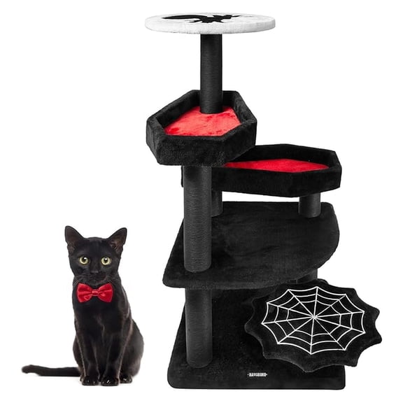 Gothic Cat Tree 46.9in Black Cat Tower with Coffin Bed, Sisal Scratching Posts, Ramp & Basket for Indoor Cats