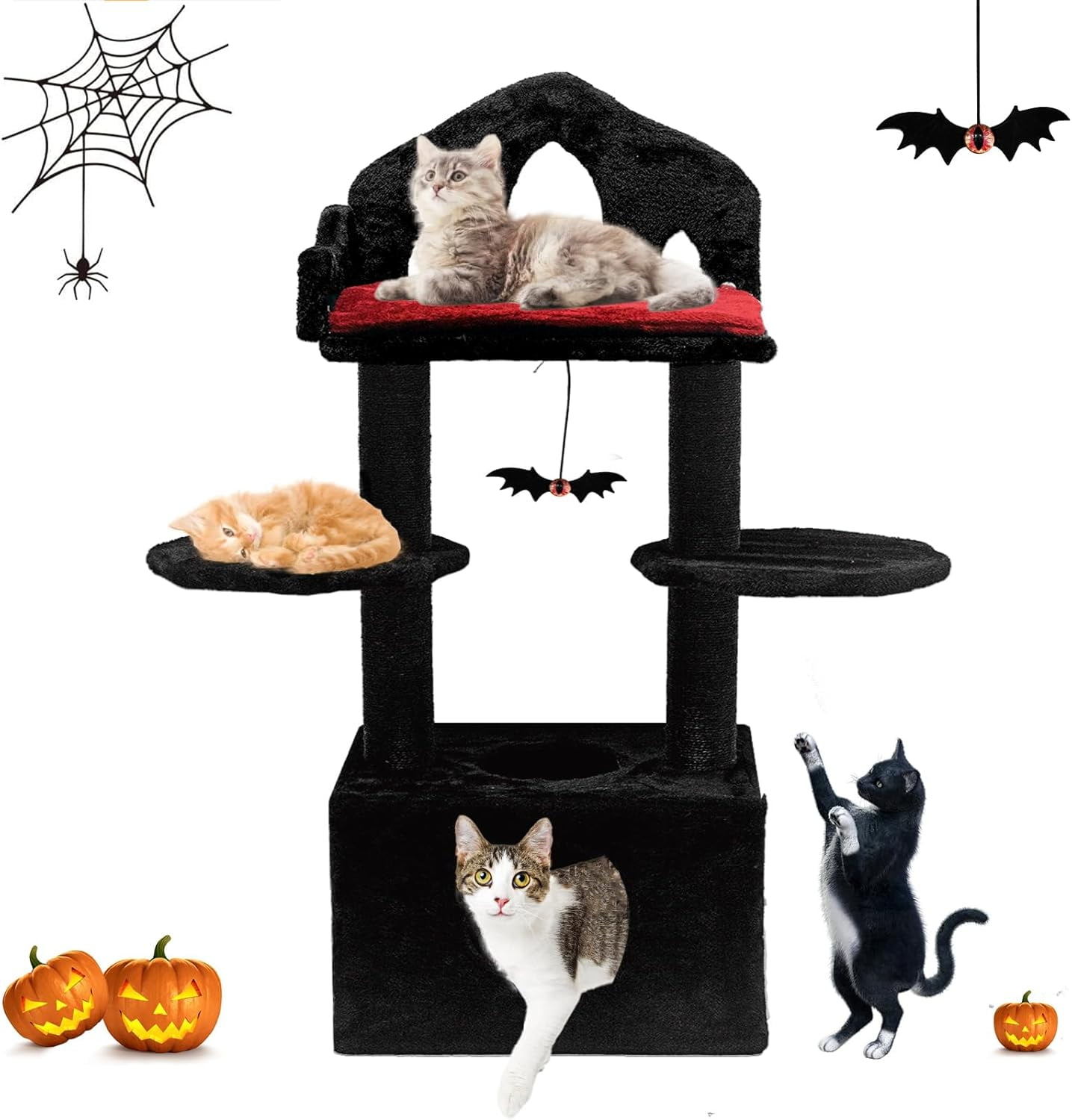 Gothic Cat Tree, 48in Black Cat Tree with Throne Bed, Cat Condo ...