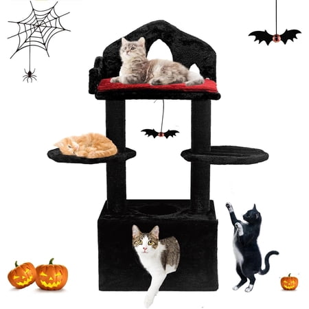 Gothic Cat Tree, 48in Black Cat Tree with Throne Bed, Cat Condo,Scratching Posts, Spooky Goth Cat Tree for Indoor Cats, Gothic Cat Tower