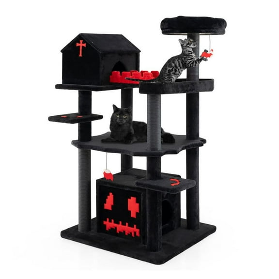 Gothic Cat Tree 49 Inch Tall, 6-Tier Cat Tower with Coffin Bed - Red & Black Cat Activity Center with Scratching Posts, Plush Condo & Bat-Shaped Toys
