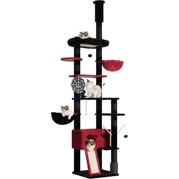 Gothic Cat Tree, 98.4-110.2 Inches Floor to Ceiling Cat Tree-Adjustable Height, Tall Cat Climbing Tower for Cats Large Adult with Scratching Post, Cat cando, Black and Red 0MPJ091BR