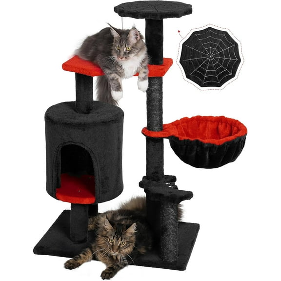 Gothic Cat Tree with Coffin Bed, 41.2'' Cat Tower with Scratching Post and Cat Condo, Cat Tree for Indoor Cats with Hammock, Spider Shaped Top Perch, Spider Ball for Small Medium Cats