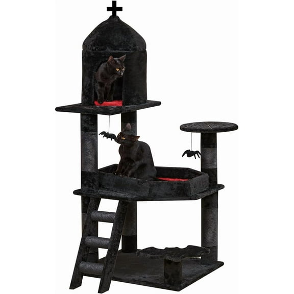 Gothic Cat Tree with Coffin Bed55" Cat Tower with Spacious Cat CondoScratching PostsSpider Hanging BallMulti-Level Cat Activities Furniture for Large Cats, Black Halloween