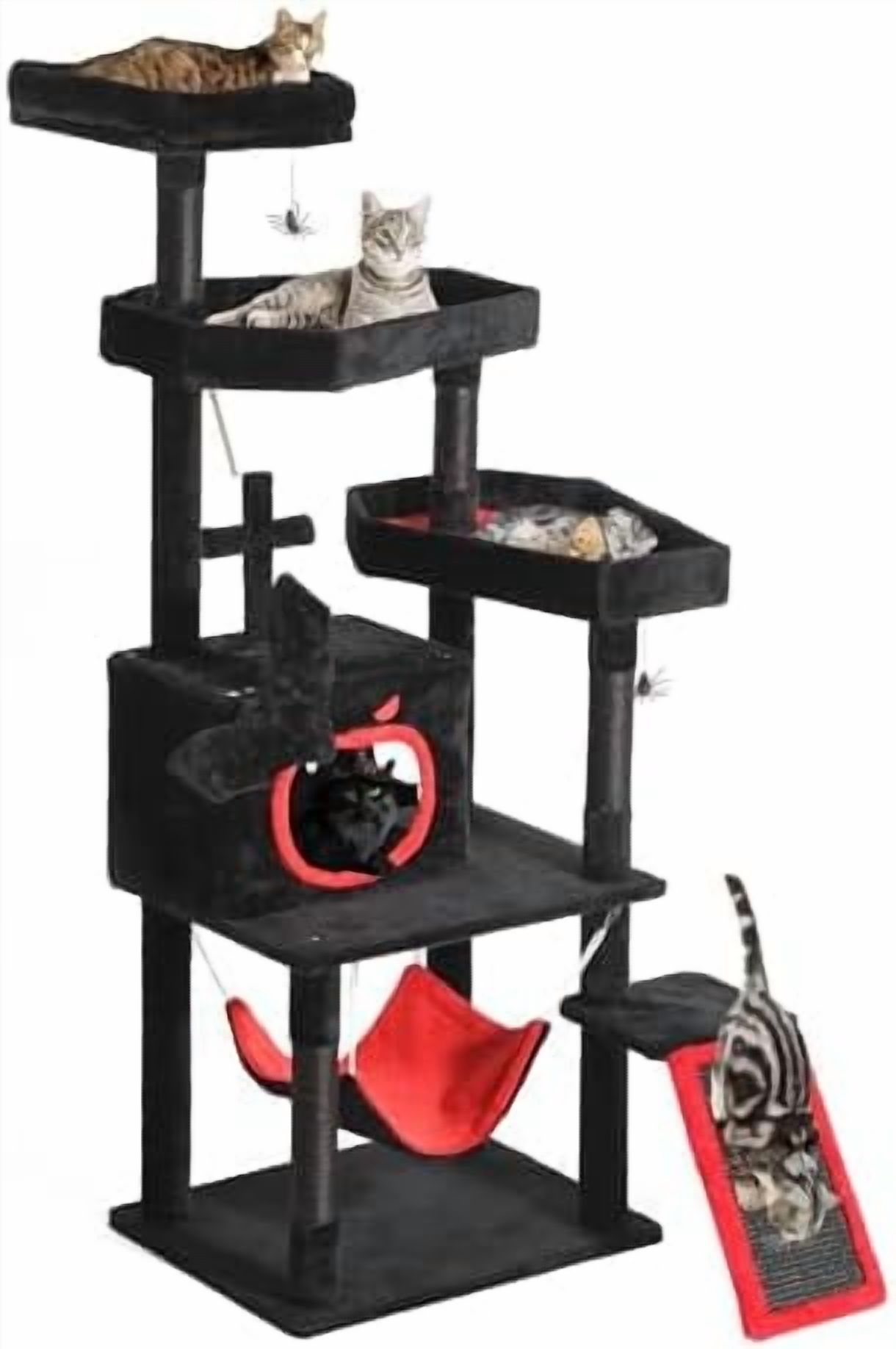 Gothic Cat Tree with Coffin Bed, 63" Tall Cat Tower for Indoor Cats with Top Perch, Spacious Cat Condos, Spider Hanging Balls,Comfy Hammock, Scratching Post and Ladder, Black Halloween