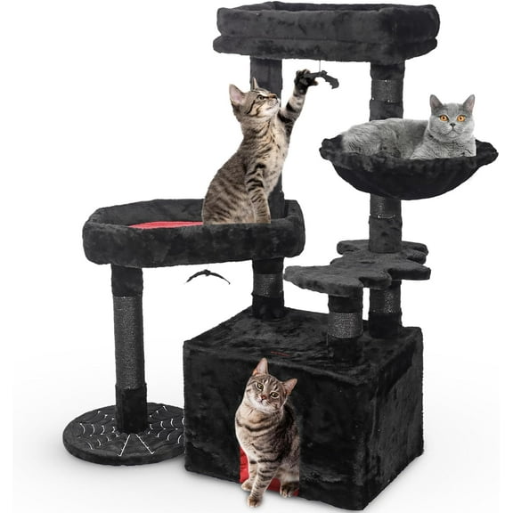 Gothic Cat Tree with Coffin Bed - Black Halloween Cat House with Large Cats Condo, Scratching Posts and Spider Hanging Ball - Wood Goth Cat Tower for Large Cats