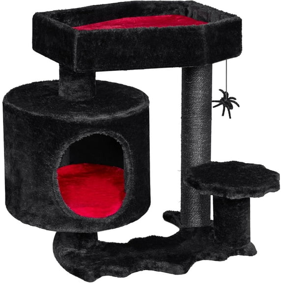 Gothic Cat Tree with Coffin Bed Goth Cat Tower Coffin Cat Tree Cat Condo with Cat Scratching Post, Spider Hanging Ball Black Red Halloween Kitten Pet Furniture