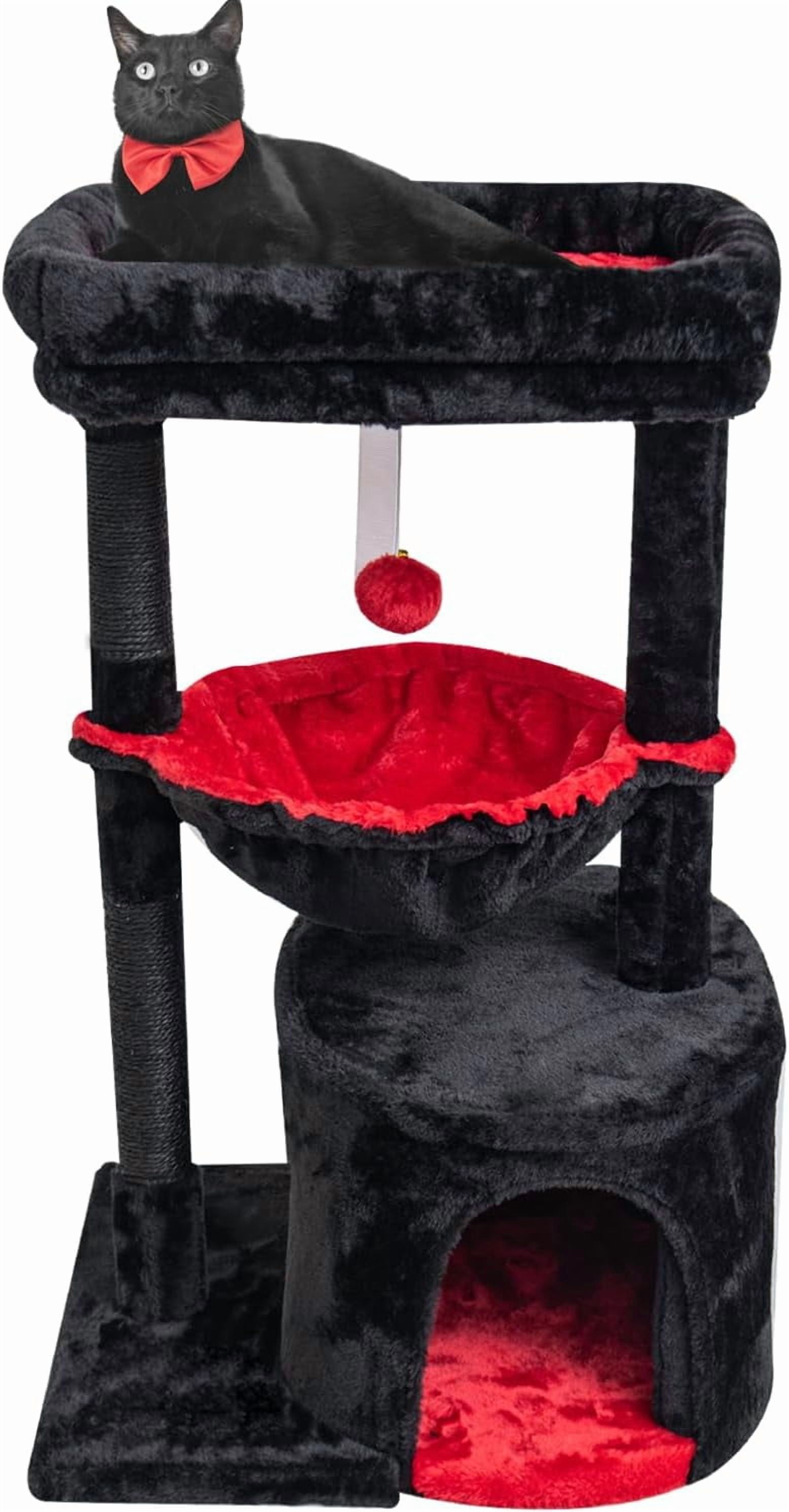 Gothic Cat Tree with Coffin Bed for Indoor Cats, Small Cat Tower with Scratching Post, Modern Activity House Condo with Cradle, Kittens Cave, Black & Red