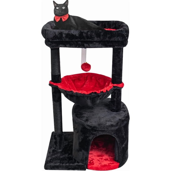 Gothic Cat Tree with Coffin Bed, Scratching Post, Cradle, and Cave, Black and Red, 29.6 Inches